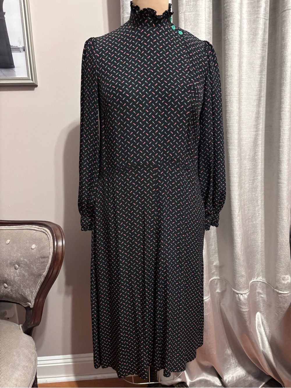 Vintage 80s Belle France Pink and Mint Print High Neck Dress Size 8